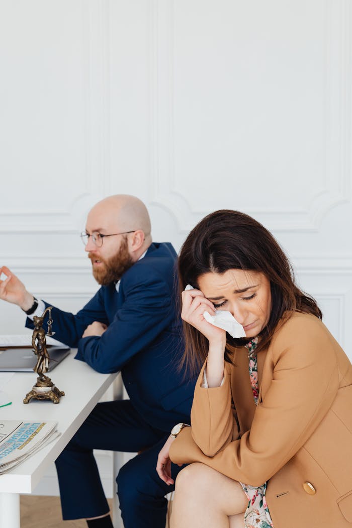 A weary woman sits at a desk, wiping tears, during a tense law office meeting.